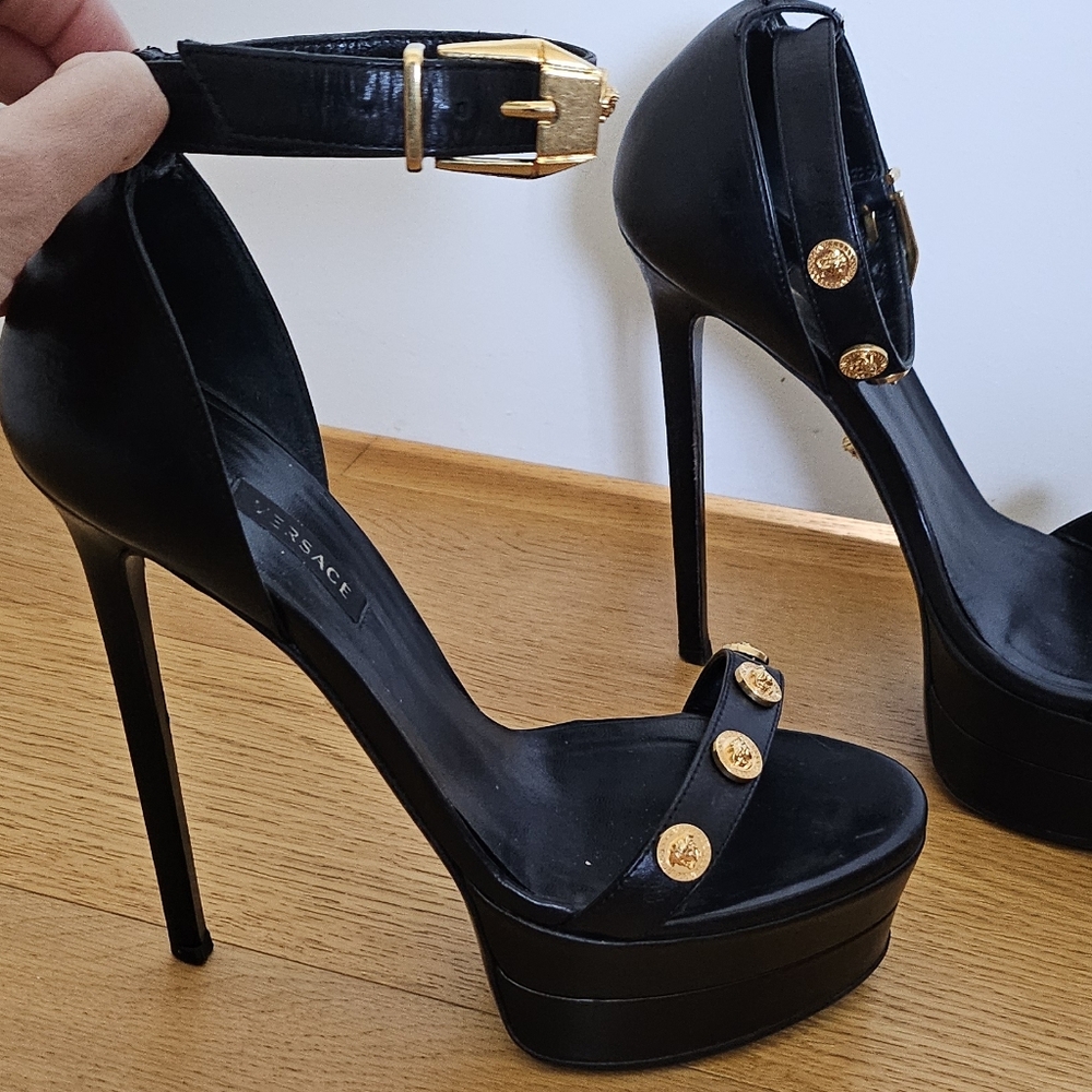Versace Icon Black Platform Stiletto Ankle Strap Heels Gold Medallion Studs - Picture 10 of 15